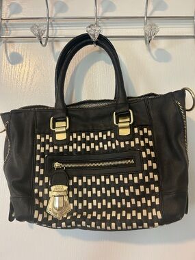 Steve Madden Black and Cream Woven Satchel with Gold Hardware